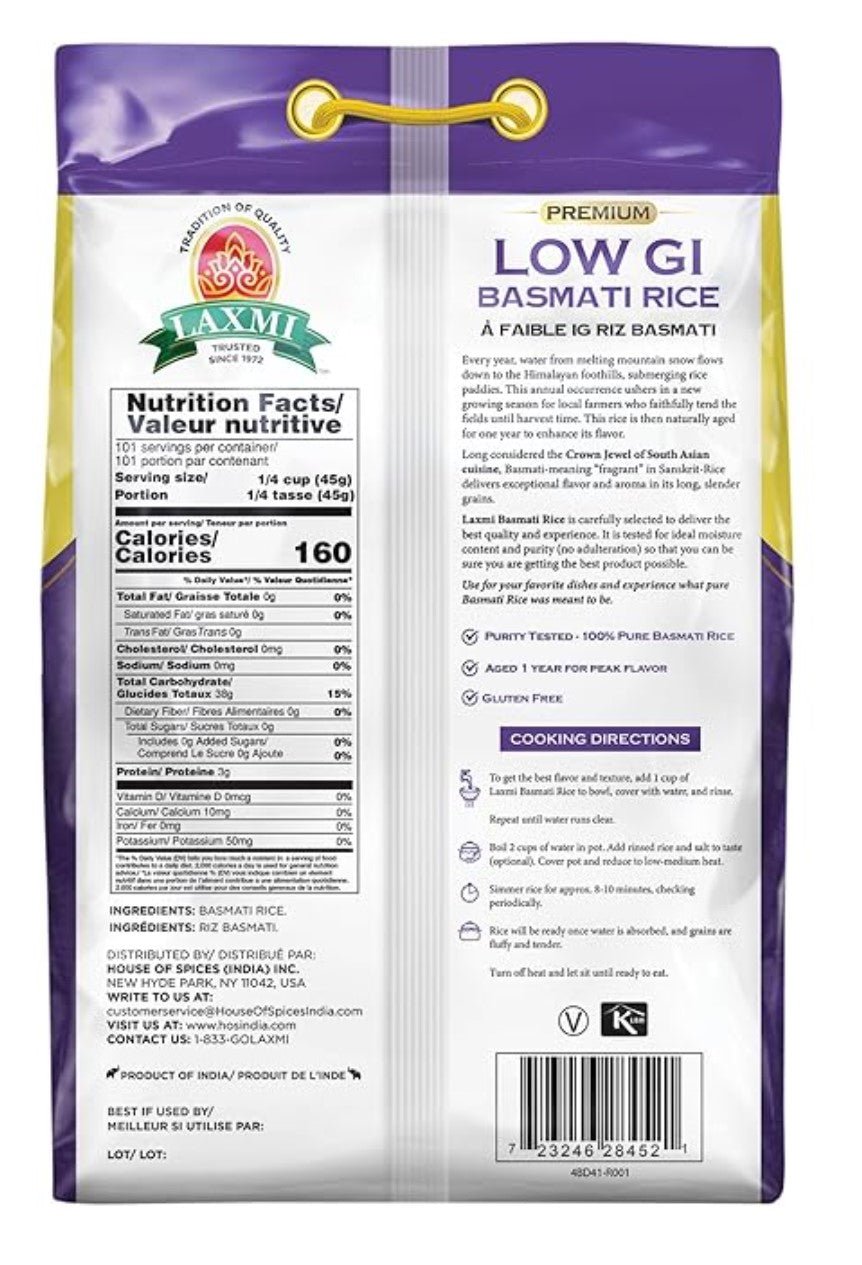 Laxmi Diabetic Friendly Basmati Rice w/Lower G.I. Index Value - 10lb Rice - Sale Cosmic
