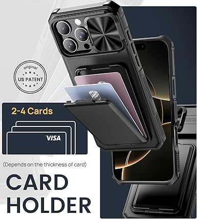 iPhone 16 Pro Max Case with Card Holder & Kickstand & Slide Camera Lens Cover, Silicone Edge Protection Rugged Heavy Duty Phone Case Cover for iPhone 16 Pro Max 6.9'' 2024, Black - Sale Cosmic