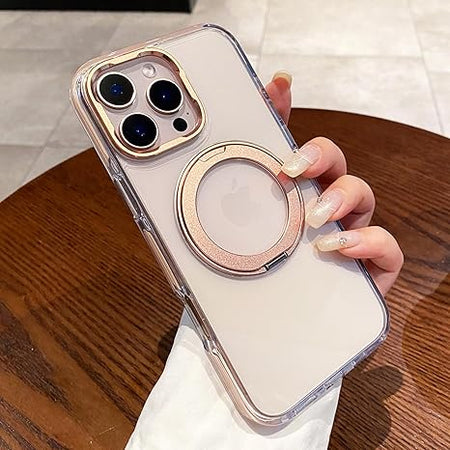 iPhone 16 Pro Max Case with 360° Rotatable Metal Magnetic Ring Stand, Compatible with MagSafe, Non - Yellowing Clear Hard - Back Protective Kickstand Phone Case 6.9 inch (Desert Gold) - Sale Cosmic