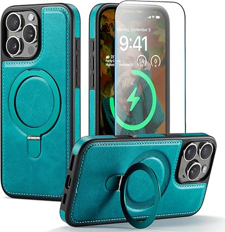 iPhone 16 Pro Max Case with Stand Compatible with Magsafe Slim PU Leather & Rubber Drop Proof Magnetic Kickstand Protective Phone Cover with Tempered Glass Screen Protector 6.9", Green - Sale Cosmic