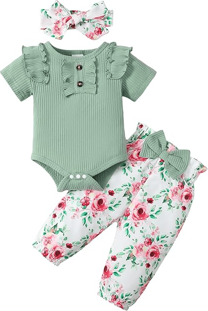 SUNNY PIGGY Baby Girl Clothes Infant Newborn Outfits Ruffle Short Sleeve Romper Tops Floral Pants Set With Headband Toddler Clothing for girls - Sale Cosmic