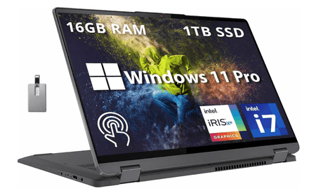 Lenovo IdeaPad Flex 5 16"" 2 - in - 1 2.5K IPS Touchscreen Laptop, Intel Core i7 - 1255U, 16GB RAM, 1TB SSD, Backlit Keyboard, Fingerprint Reader, Win 11 Pro, Storm Grey, 32GB Hotface USB Card, Gray Laptop - Sale Cosmic