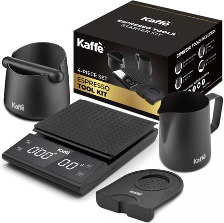 Kaffe 4pc Espresso Tool Kit Tamper, Measuring Cup, Scale, Knock Box: Coffee Accessories, Espresso Tools, Black Coffee Accessories - Sale Cosmic