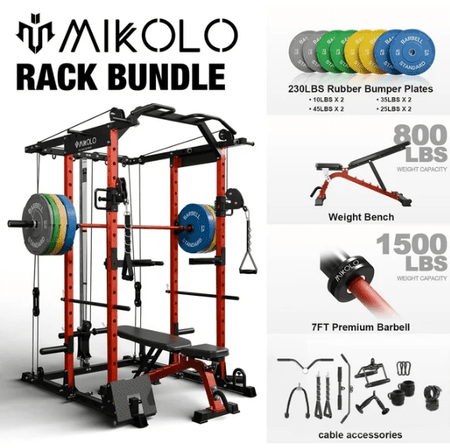 Mikolo Power Rack Cage, Weight Cage with 800LB Capacity Adjustable Weight Bench, 1500LB Capacity Barbell and 230LB Weight Plate set Combo, Home Gym Package Home Gym Package - Sale Cosmic